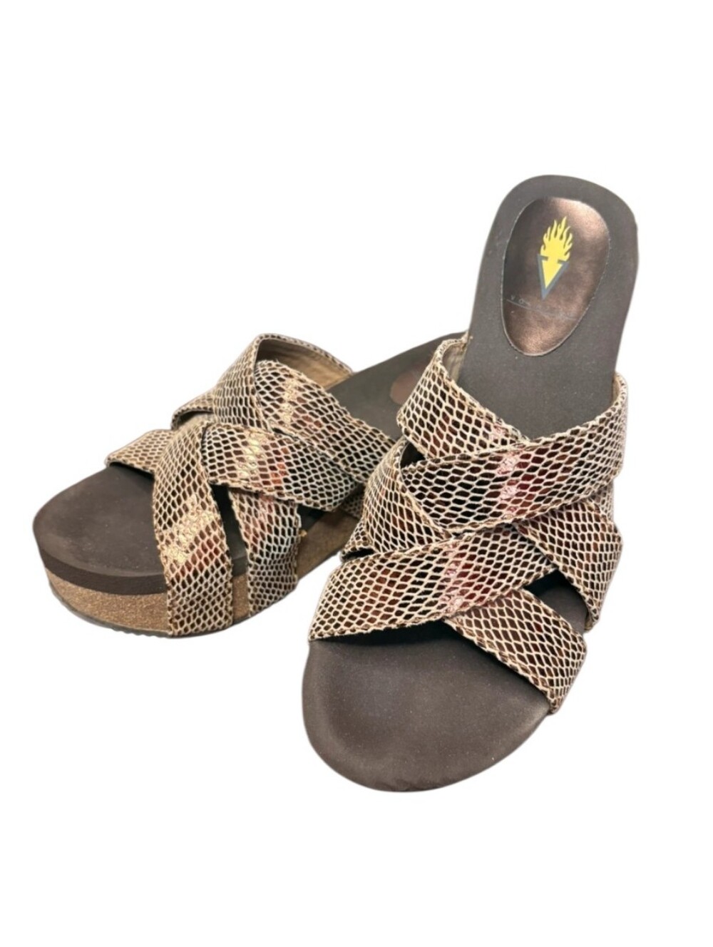 Volatile Taupe Faux Snake-Print Crisscross Strappy Cork Wrapped Wedge Sandal